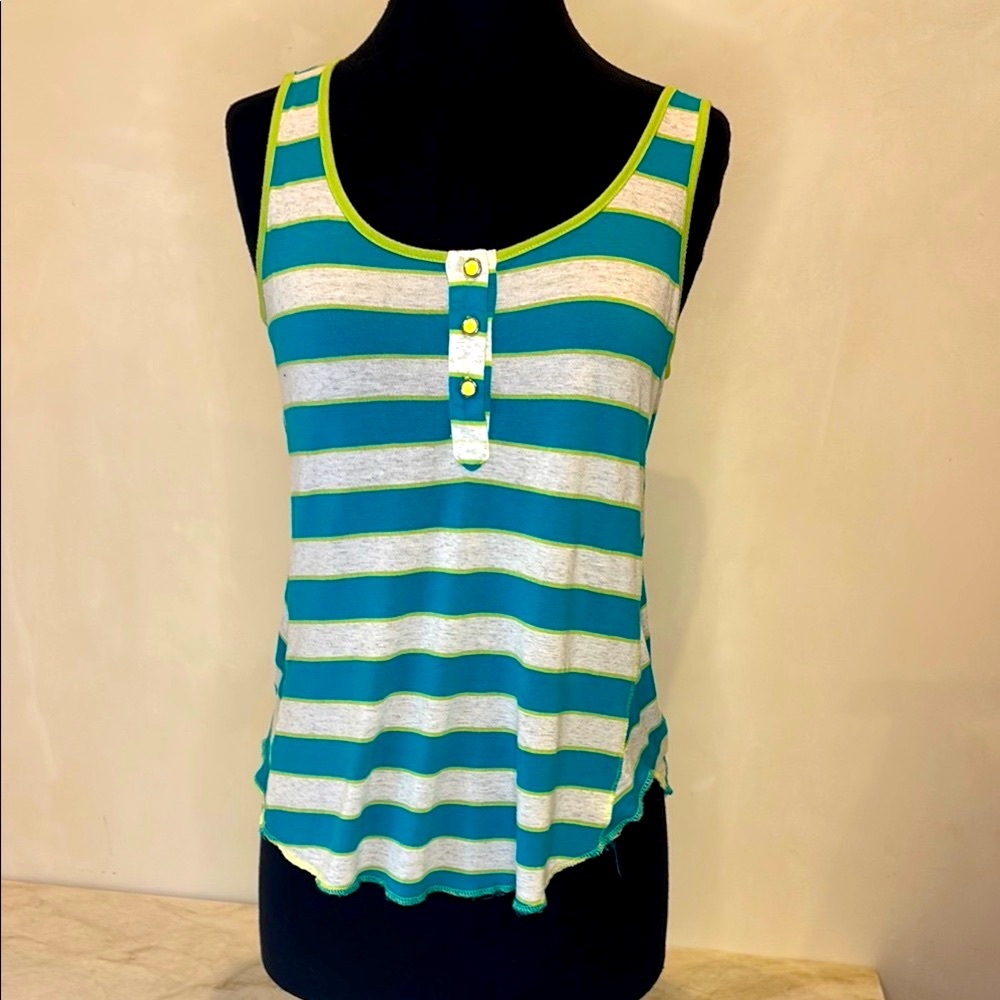 Robin K, Striped Sleeveless Top - Teal and White,
